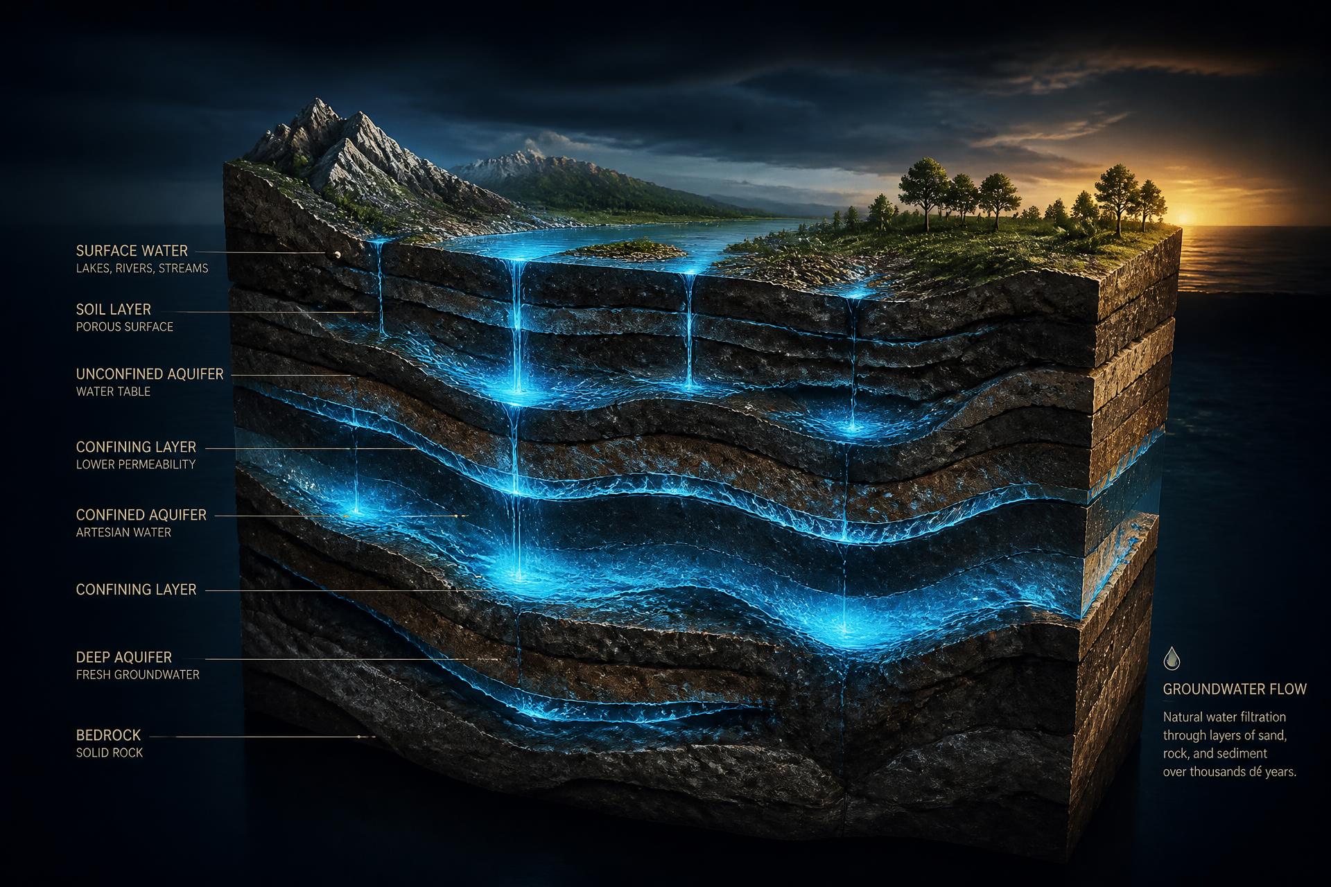 Cross-section of Earth showing underground water aquifers